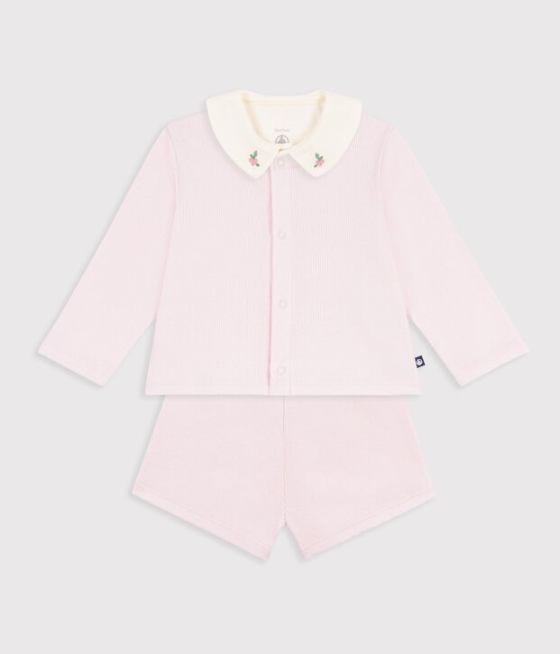 Ensemble 3 pi&egrave;ces b&eacute;b&eacute; en coton avec broderies au col rose clair