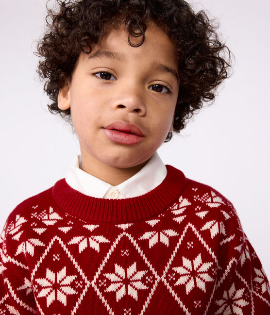 Pull enfant en laine et coton à motifs rouge AMARANTE/ AVALANCHE