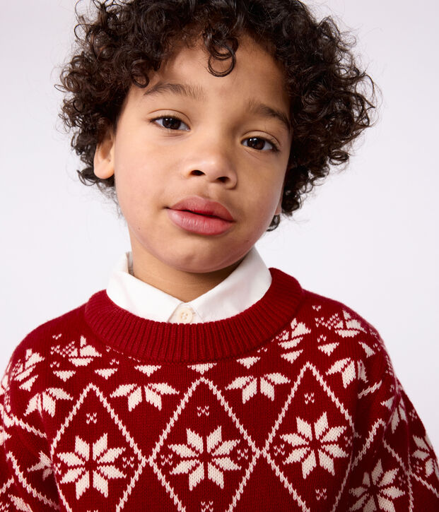Pull enfant en laine et coton &agrave; motifs rouge/&eacute;cru