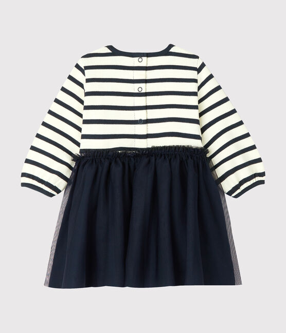 Robe manches longues bi-matière bébé fille beige COQUILLE/bleu SMOKING