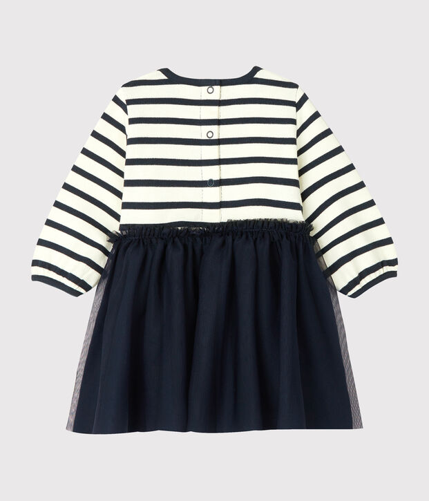 Robe manches longues bi-mati&egrave;re b&eacute;b&eacute; fille blanc/bleu