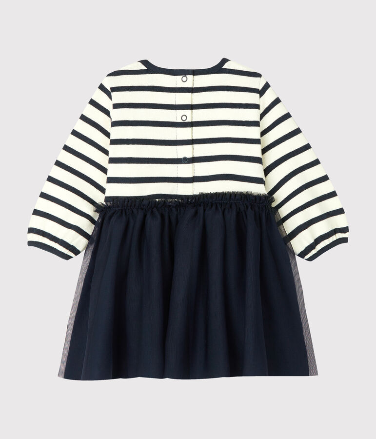 Robe manches longues bi-mati&egrave;re b&eacute;b&eacute; fille beige COQUILLE/bleu SMOKING