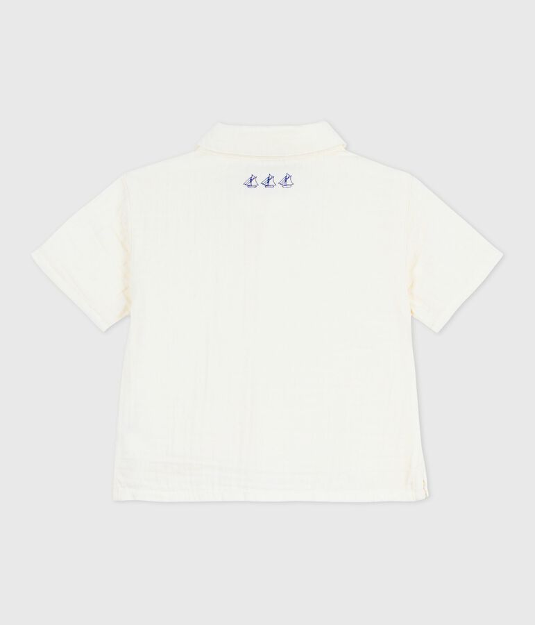Chemise b&eacute;b&eacute; en coton/lin &agrave; manches courtes, unie blanc MARSHMALLOW