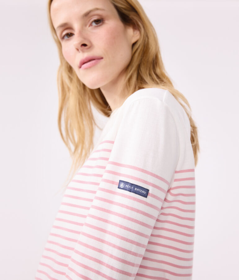 Teeshirt marini&egrave;re femme en coton manches longues blanc MARSHMALLOW/rose CHARME