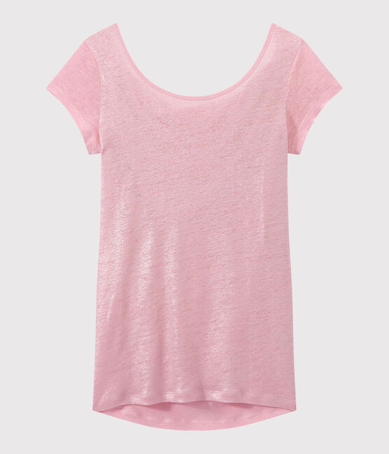 T-shirt femme col bénitier au dos en lin irisé rose BABYLONE/gris ARGENT