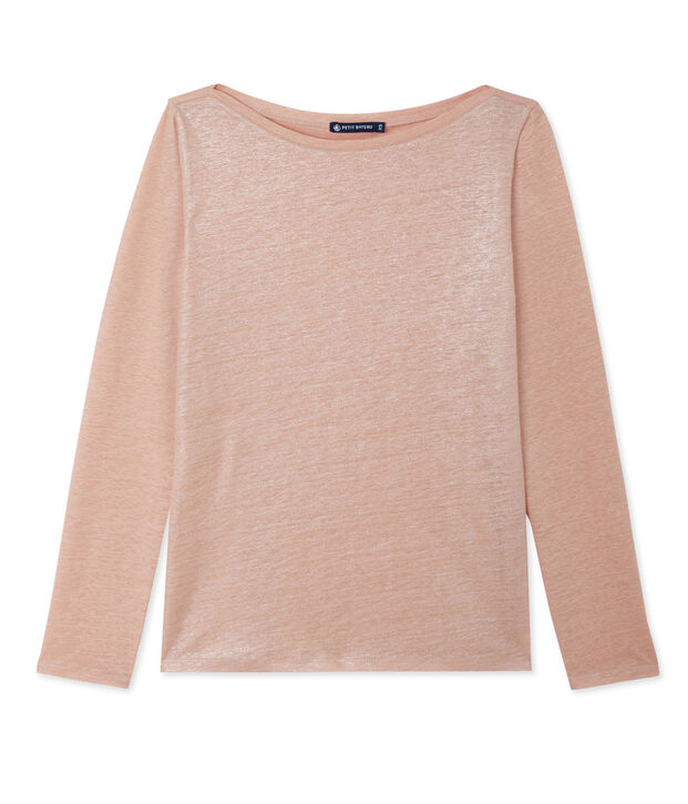 T-shirt femme manches longues en lin laqu&eacute; rose/gris