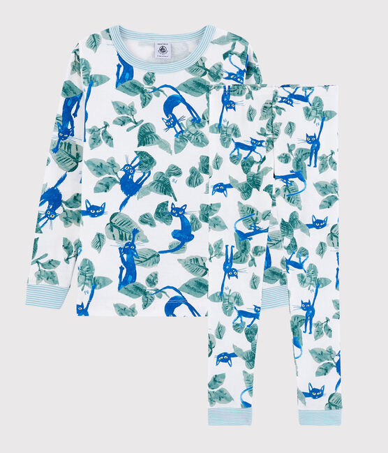 Pyjama snugfit imprimé chat petit garçon en coton blanc MARSHMALLOW/blanc MULTICO
