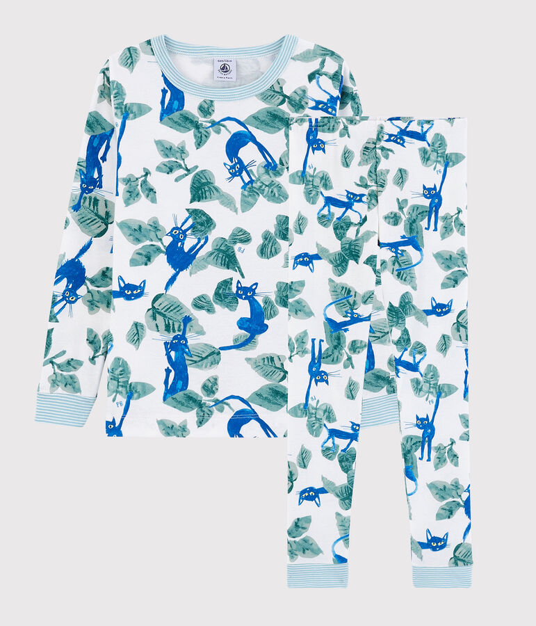 Pyjama snugfit imprim&eacute; chat petit gar&ccedil;on en coton blanc MARSHMALLOW/blanc MULTICO