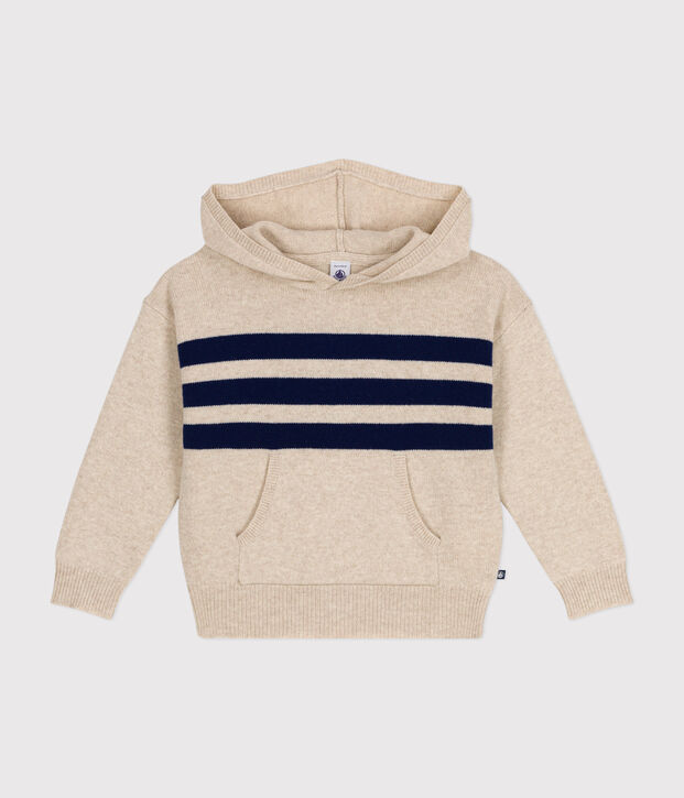 Pull &agrave; capuche en laine et coton enfant gar&ccedil;on &eacute;cru/bleu