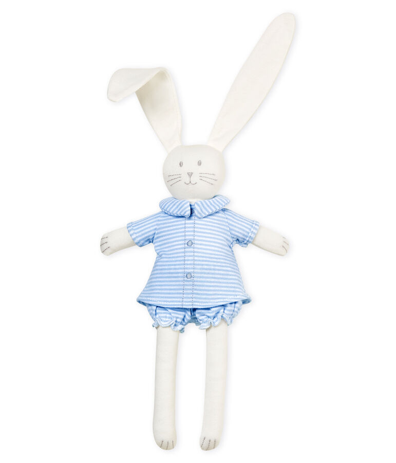 Doudou lapin habill&eacute; bleu FRAICHEUR/blanc MARSHMALLOW