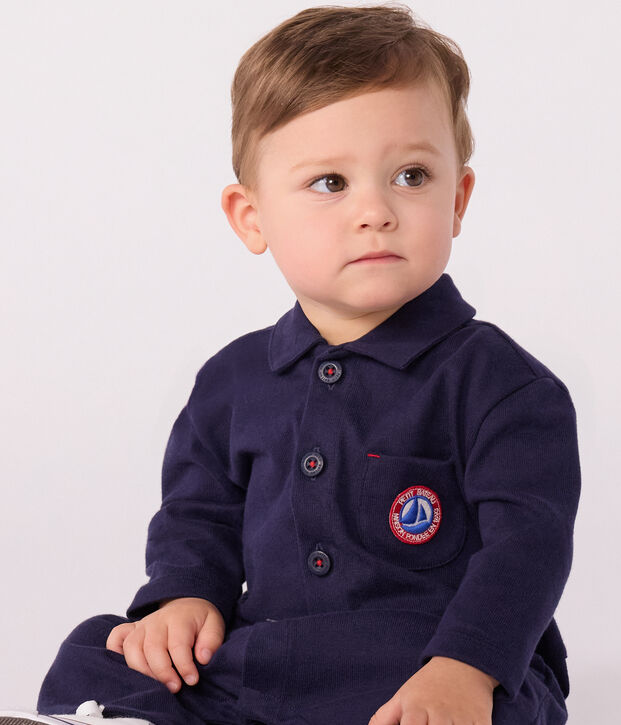 Combinaison longue b&eacute;b&eacute; en coton uni, style pompiste bleu marine