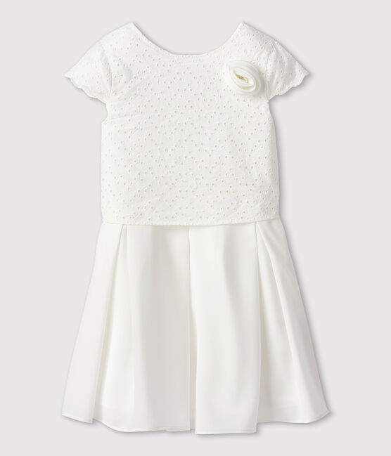 Robe cérémonie en broderie et crêpe enfant fille blanc MARSHMALLOW