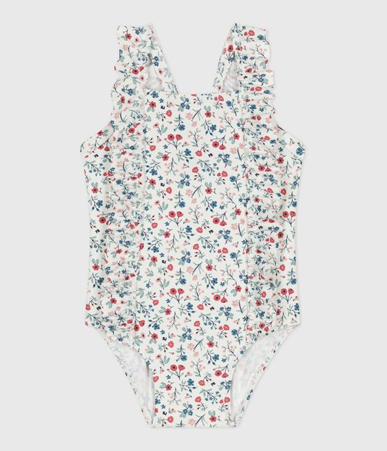 Maillot de bain bébé une pièce à volants, imprimé fleuri blanc MARSHMALLOW/blanc MULTICO