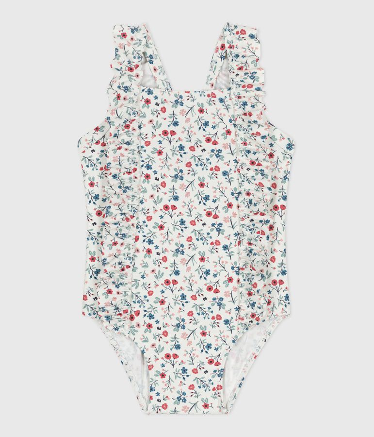 Maillot de bain b&eacute;b&eacute; une pi&egrave;ce &agrave; volants, imprim&eacute; fleuri blanc MARSHMALLOW/blanc MULTICO