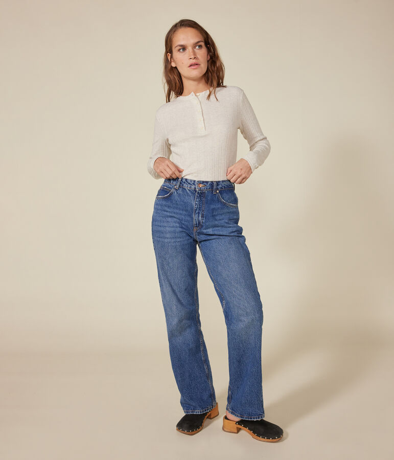 Tee-shirt manches longues col tunisien en c&ocirc;te d&eacute;saiguill&eacute;e unie uni femme beige