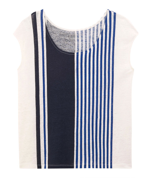 Tee-shirt manches courtes femme en lin blanc/multicouleur
