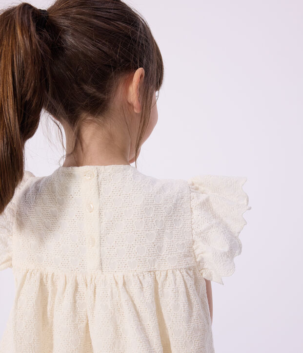 Blouse enfant en coton manches courtes motifs c&oelig;urs blanc