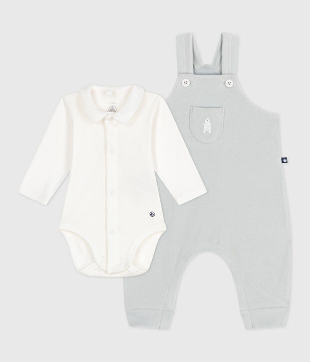 Ensemble salopette b&eacute;b&eacute; en coton uni et d&eacute;tails raffin&eacute;s bleu/blanc
