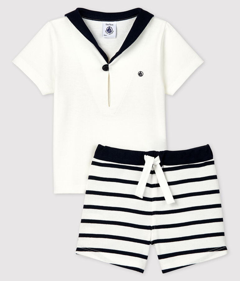 Ensemble 2 pi&egrave;ces b&eacute;b&eacute; gar&ccedil;on blanc MARSHMALLOW/bleu SMOKING