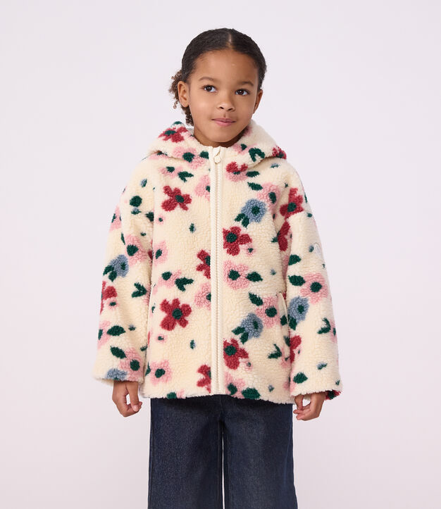 Veste &agrave; capuche enfant en sherpa &agrave; fleurs &eacute;cru/multicouleur