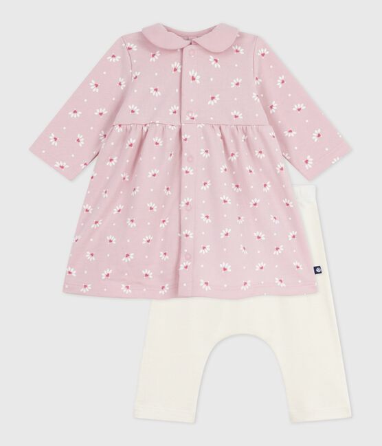 Robe bébé à col imprimé fleurs et coeurs et legging en coton rose JOLI/blanc MULTICO