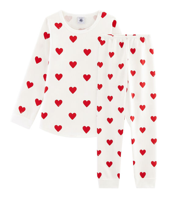 Pyjama coeur petite fille en molleton blanc MARSHMALLOW/rouge TERKUIT