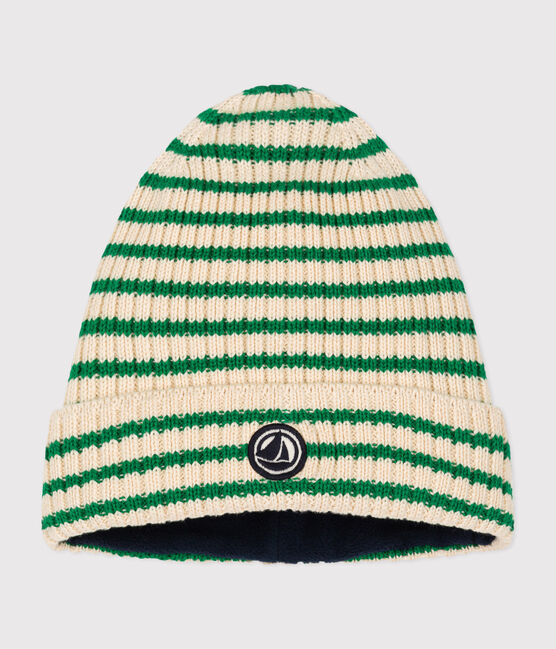 Bonnet en tricot doublé en polaire rayures enfant vert AVALANCHE/ JARDIN