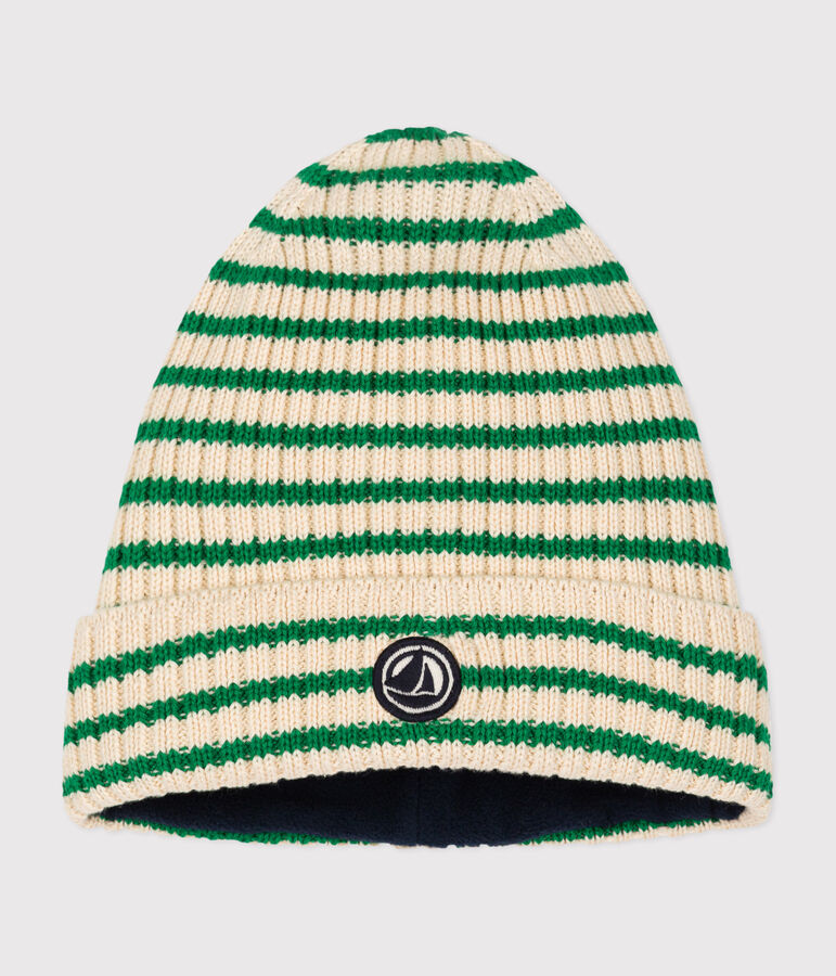 Bonnet en tricot doubl&eacute; en polaire rayures enfant &eacute;cru/vert