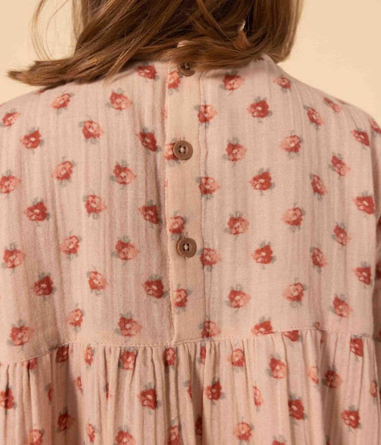 Robe manches longues en gaze de coton fleurie enfant fille rose SALINE/blanc MULTICO