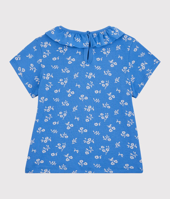 T-shirt manches courtes en coton enfant fille bleu BRASIER/gris MARSHMALLOW