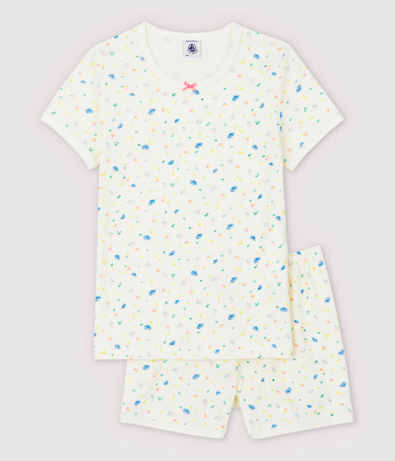 Pyjacourt &agrave; fleurs petite fille en coton et lin blanc MARSHMALLOW/blanc MULTICO