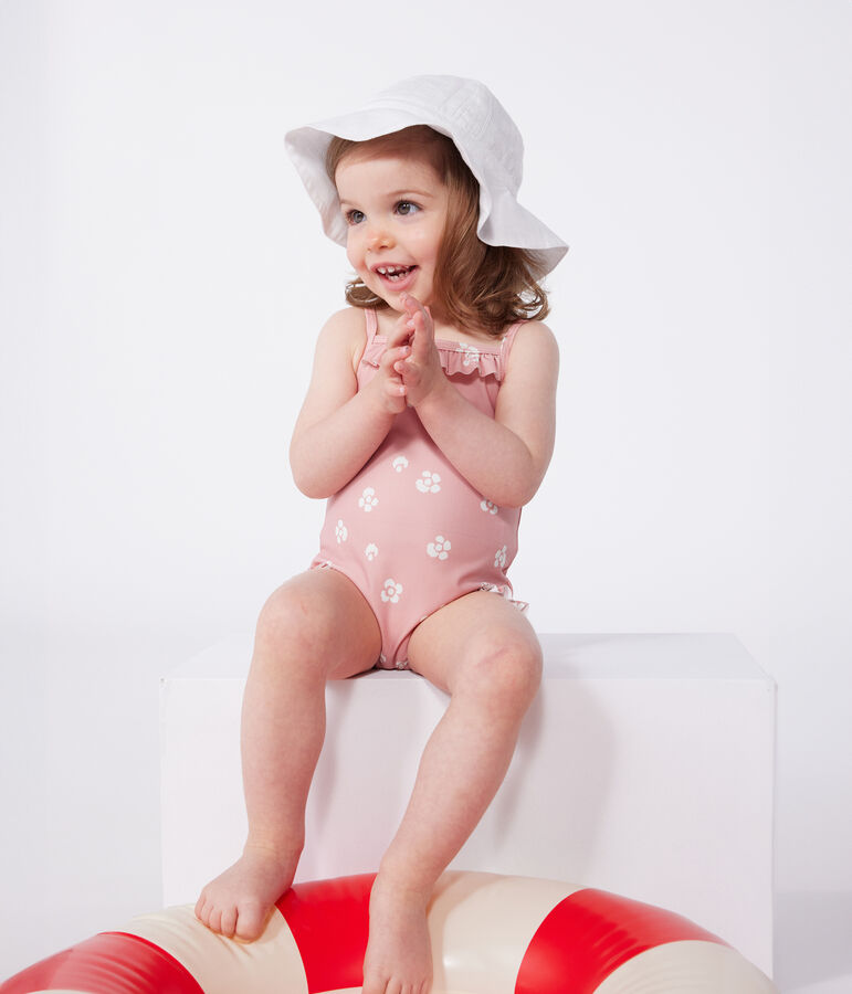 Maillot de bain b&eacute;b&eacute; une pi&egrave;ce &agrave; volants, imprim&eacute; fleuri rose CHARME/blanc MARSHMALLOW