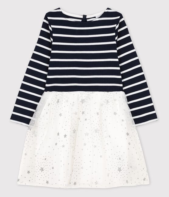 Robe manches longues coton et tulle enfant fille bleu SMOKING/blanc MARSHMALLOW