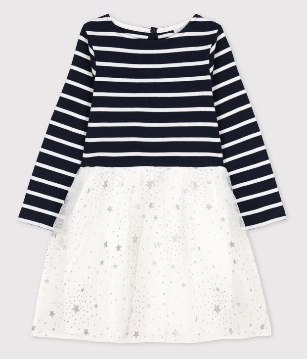 Robe manches longues coton et tulle enfant fille bleu/blanc