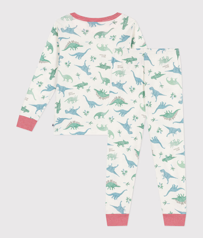Pyjama enfant en coton imprim&eacute; dinosaures blanc MARSHMALLOW/blanc MULTICO