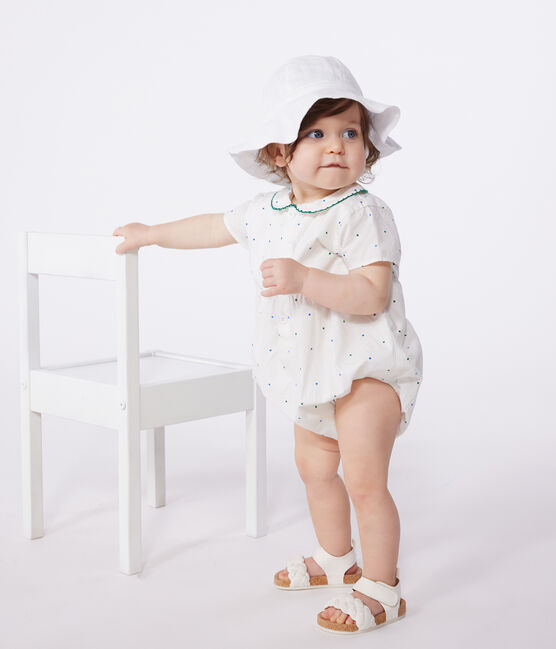 Barboteuse bébé en coton manches courtes à col, imprimé à pois blanc MARSHMALLOW/blanc MULTICO