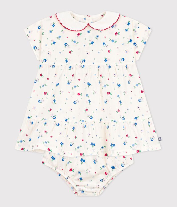 Robe b&eacute;b&eacute; en coton manches courtes et son bloomer imprim&eacute;s fleurs blanc/multicouleur