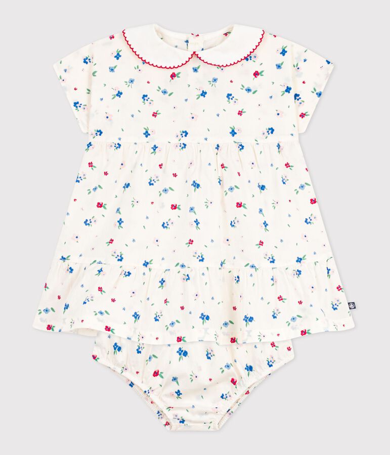 Robe b&eacute;b&eacute; en coton manches courtes et son bloomer imprim&eacute;s fleurs blanc MARSHMALLOW/blanc MULTICO