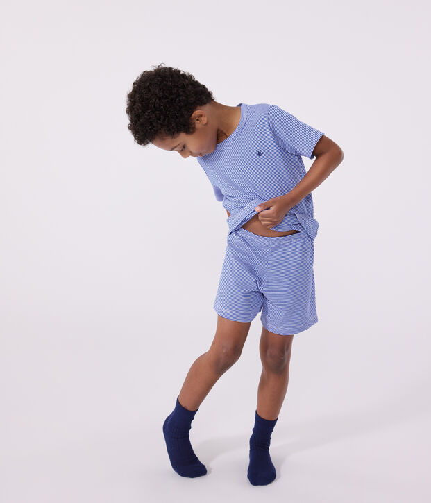 Pyjama short enfant en coton &agrave; rayures bleu/blanc