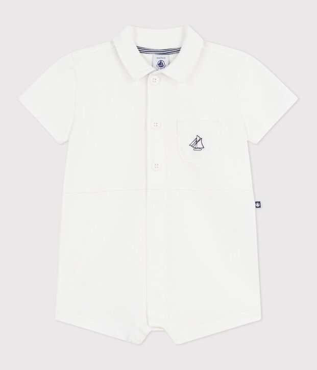 Combinaison courte col polo b&eacute;b&eacute; en coton unie blanc