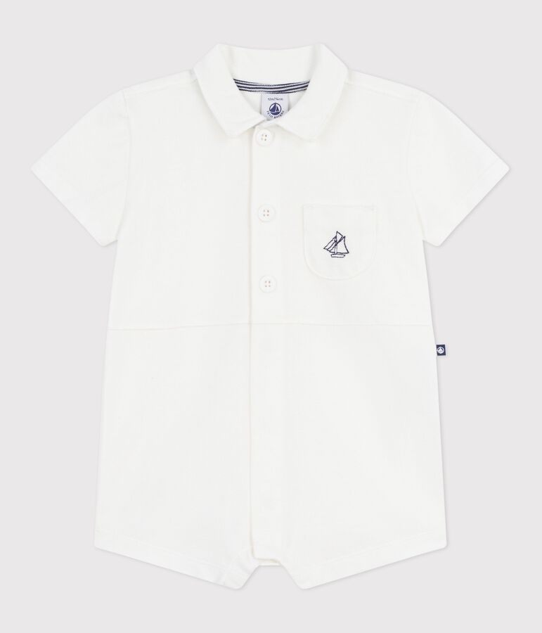 Combinaison courte col polo b&eacute;b&eacute; en coton unie blanc MARSHMALLOW