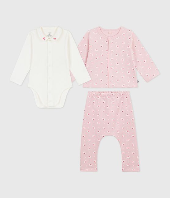 Ensemble 3 pièces bébé imprimé cœurs et fleurs et body brodé rose JOLI/blanc MULTICO