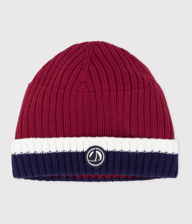 Bonnet b&eacute;b&eacute; en tricot doubl&eacute; en polaire rouge/multicouleur