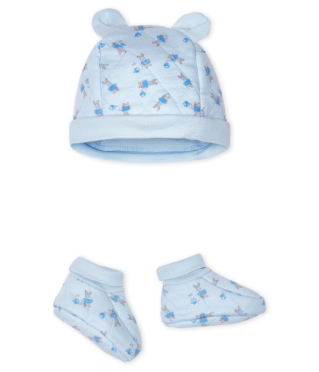Lot bonnet naissance et chaussons b&eacute;b&eacute; en tubique bleu/multicouleur