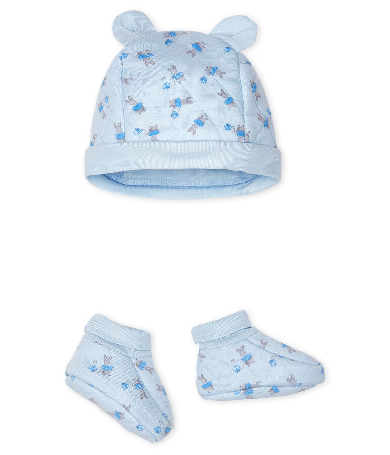 Lot bonnet naissance et chaussons b&eacute;b&eacute; en tubique bleu FRAICHEUR/blanc MULTICO