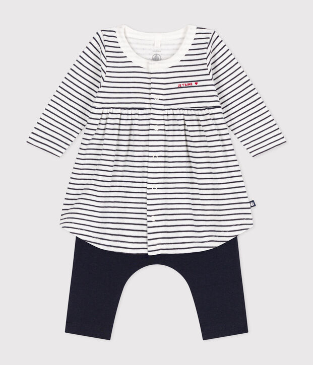 Robe marini&egrave;re et legging en coton b&eacute;b&eacute; blanc/bleu