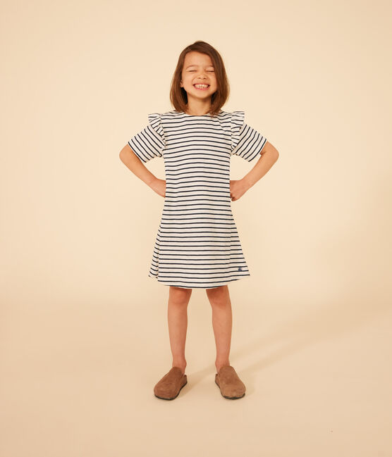 Robe rayée manches courtes en coton enfant fille blanc AVALANCHE/bleu SMOKING