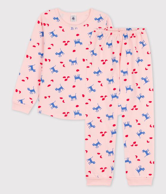 Pyjama chats petite fille en coton rose MINOIS/blanc MULTICO