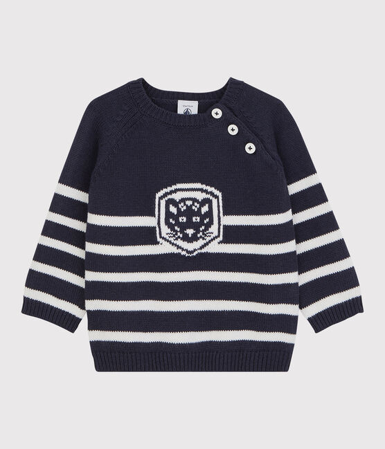 Pull en laine et coton bébé. bleu SMOKING/blanc MARSHMALLOW