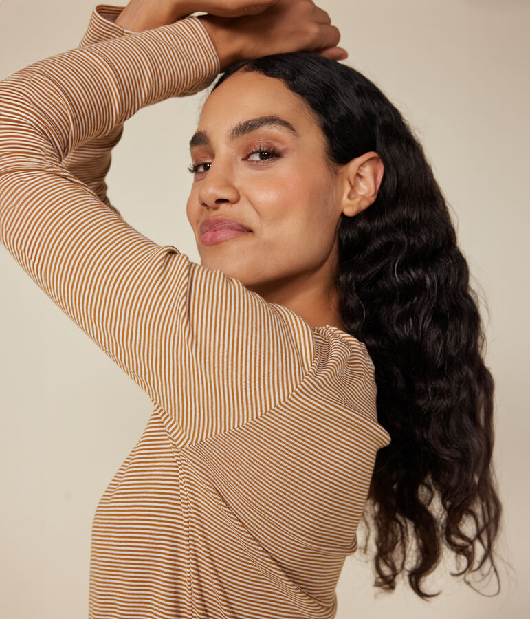 Tee-shirt L'ICONIQUE col rond en coton Femme marron CUIVRE/ MARSHMALLOW